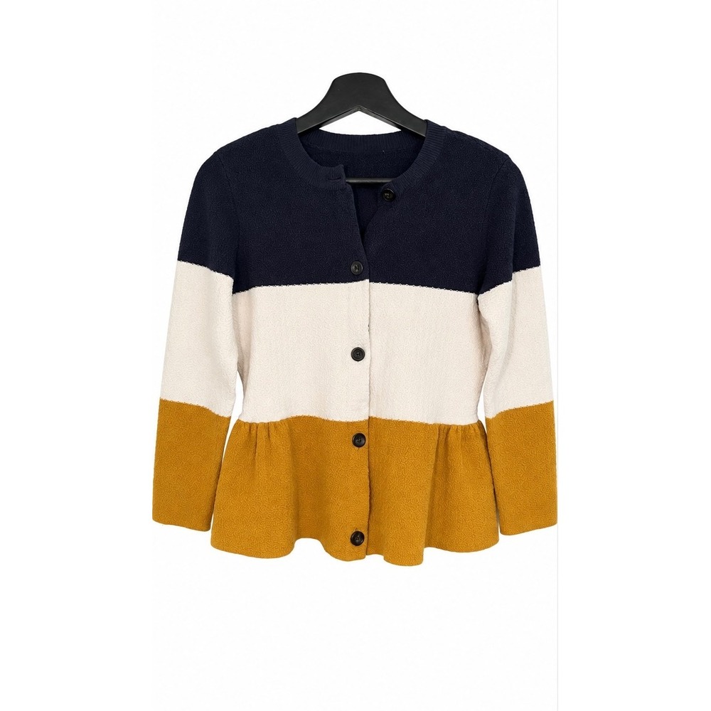 Ann Taylor Colorblock Peplum Cardigan Sweater Navy Cream Mustard Yellow Size P
